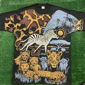 Vintage 90s Safari Animals AOP T-Shirt Single Stitch Black XL Nature Wildlife
